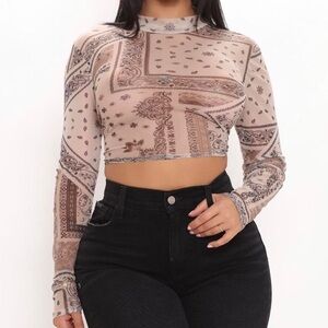 Studio 1011 | Paisley Sheer Mesh Long Sleeve Crop Top | Size Large